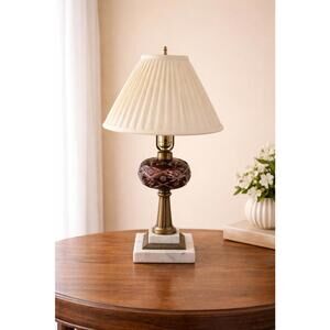 Ruby Overlay Cut-to-Clear Lamp Marble Base Vintage Fount-Style 23.5” Cream Shade